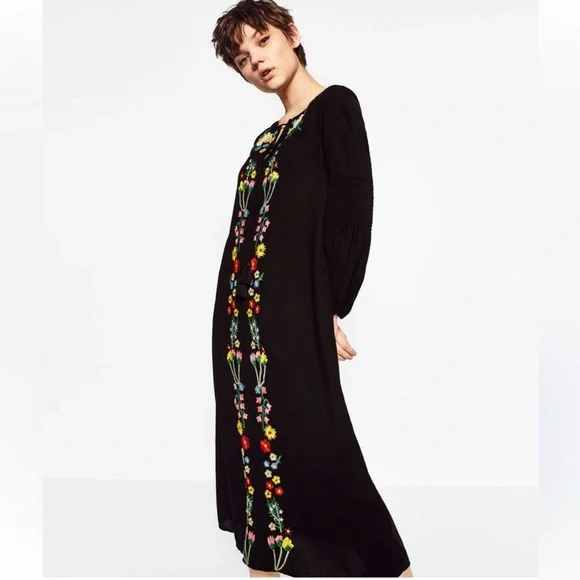 zara embroidered long dress Red